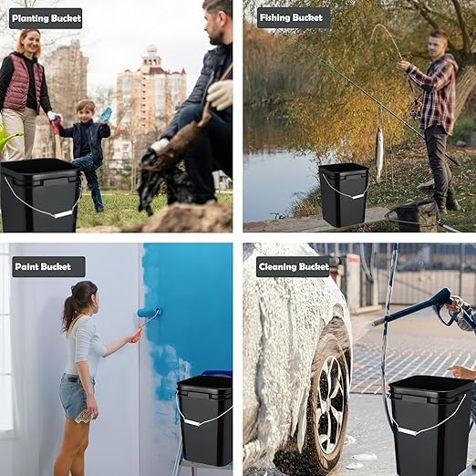 5 Gallon Bucket with Lid, Square Food Grade Plastic Pail with Metal Handles, Heavy Duty Industrial Storage Containers with Stickers, Rubber Mallet, Lid Opener (6 Pack, Black)