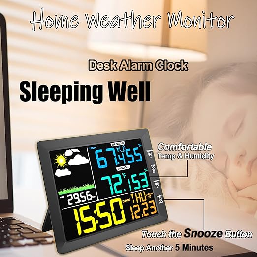 Wireless Weather Station Clock, 10 Inch Home Indoor Weather Monitor with Barometer, Outdoor Temperature and Humidity Gauge, Black