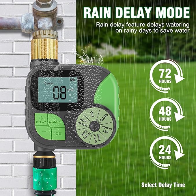 Kingdder Water Timer, Sprinkler Timer with Brass Inlet and Outlet Programmable Garden Hose Faucet with Rain Delay/Manual/Automatic Irrigation System for Yard Lawn IP54 Waterproof (1 Outlet)