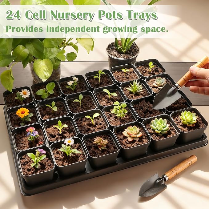 24 Cell Nursery Pots Trays 5 Pack (17"x11"x1.6"), Reusable Plant Pot Tray for Holding 2.8 inch (7CM) Square Nursery Pots, Durable Plastic Carrying Seed Starter Tray with Drain Holes (Black)