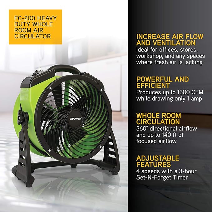 XPOWER FC-200 Heavy Duty Industrial High Velocity Whole Room Air Mover Air Circulator Utility Floor Fan, 4 Speeds, Timer, 13 inch, 1300 CFM