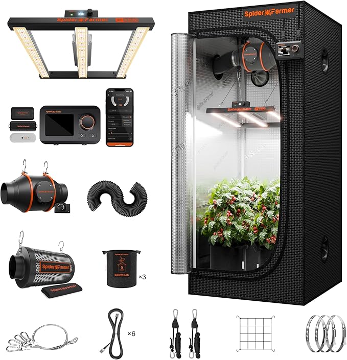 Spider Farmer Grow Tent Kit 2.3X2.3ft Complete System, G1500 150W Full Spectrum Bar Style LED Grow Light 28"X28"X63" Indoor 1680D Mylar Tent with 4" Ventilation System with GGS Controller