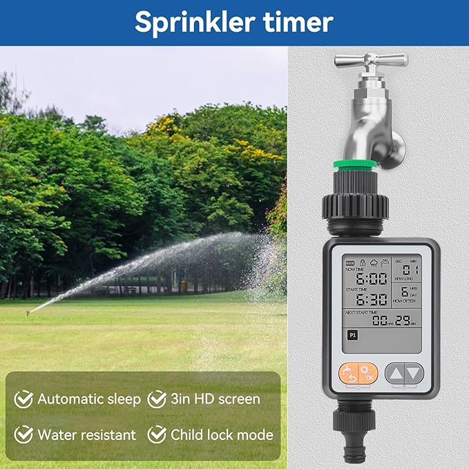 Sprinkler Timer, Outdoor Garden Hose Faucet Timer with 3in Display Rain Delay for Lawn Sprinkler and Nozzle Sprayer, 1 Outlet