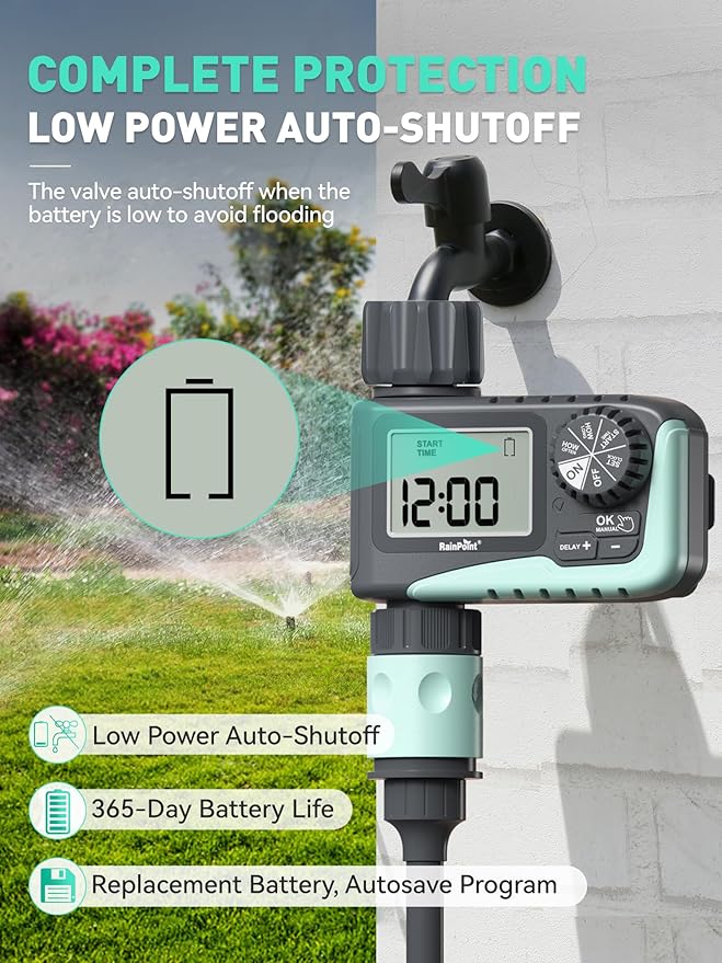 RAINPOINT Sprinkler Timer, Programmable Water Timer for Garden Hose, Outdoor Soaker Hose Timed with Rain Delay/Manual/Automatic Watering System, Digital Irrigation Timed for Yard, Lawn, 2 Pack