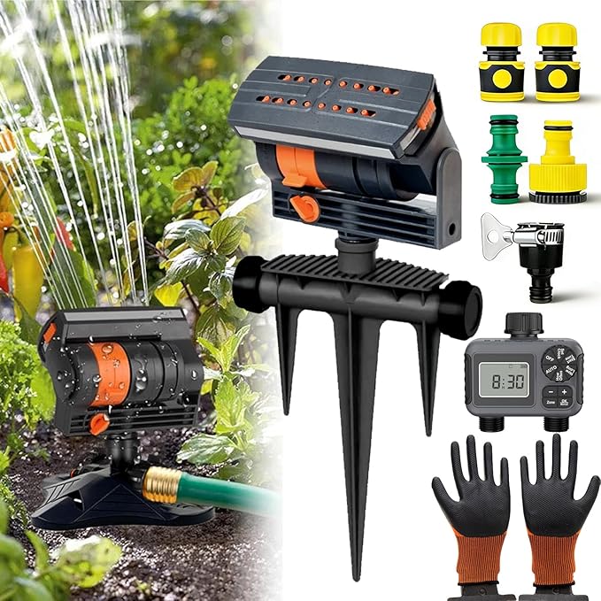 16-Nozzle Oscillating Sprinkler with Dual-Zone Sprinkler Water Timer, Adjustable Garden Sprinkler Watering System, 360° 16-Hole Automatic Rocking Sprinkler (Ground-Insert, with Dual-Zone Timer)