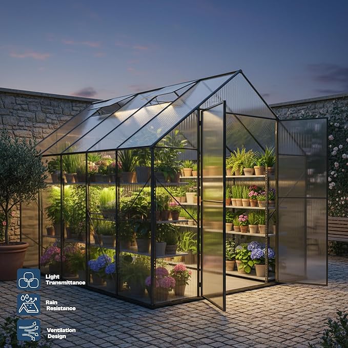Kingdura 8x10ft Walk-in Greenhouse for Outdoors, Large Polycarbonate Greenhouses with Heavy Duty Aluminum Frame, Adjustable Roof Vent, Lockable Door, UV Protection for Outside Garden Backyard