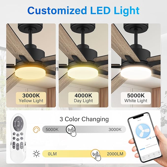 Lorpies 52” Smart Ceiling Fan with Lights Remote,Ultra Silent DC Motor,Control via Alexa Google Voice App Wifi,Outdoor Indoor Modern Ceiling Fans for Bedroom Patio Porch,Dimmable,Black Walnut Brown