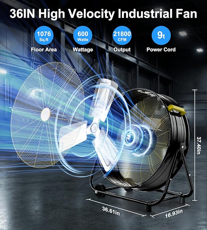 AKIRES 36IN Industrial Floor Drum Fan,21,800CFM High Velocity Heavy Duty Shop Fan with 360° Tilt,Handle,500W High Velocity Drum Fan for Garage,Basement,Warehouse,Patio,Factory,Workshop,Commercial Use