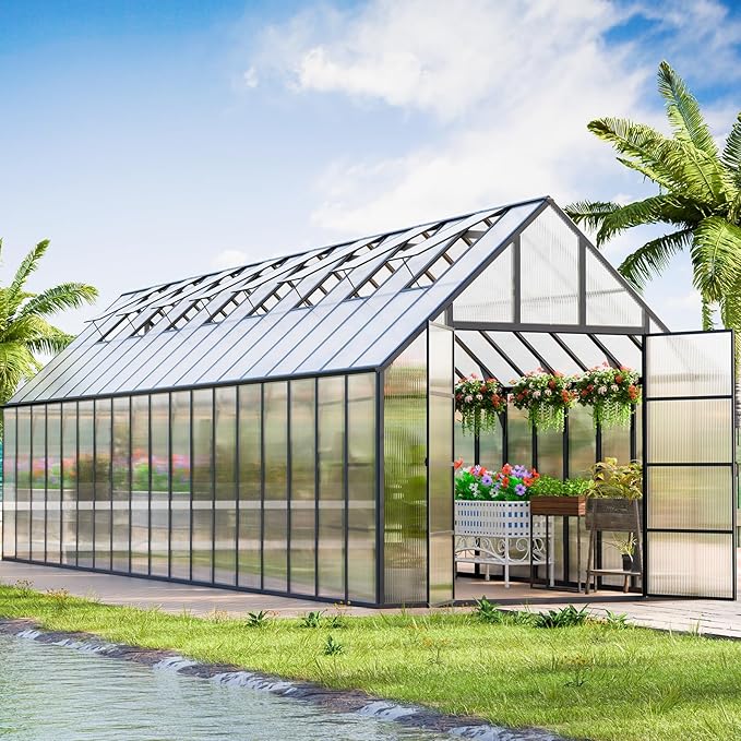 CDCASA 36x10x10 FT Greenhouse for Outdoors, Easy Assembly Large Thicker Aluminum Heavy Duty Polycarbonate Greenhouses Kit w/8 Windows, Outside Sunroom Walk-in Green House for Patio,Backyard