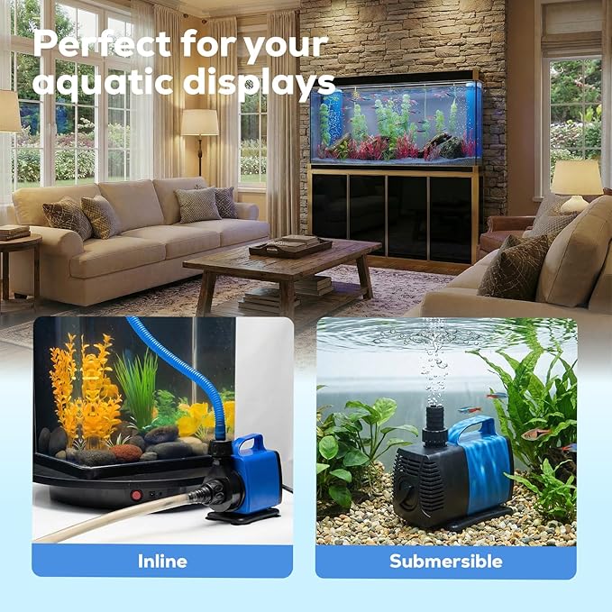 Aqua Dream 977 GPH Amphibious Water Pump - 85W Submersible or Inline External Pump with Corrosion Resistant Ceramic Shaft, 11.8ft Max Lift for Aquariums, Ponds, and Hydroponics - 8 Pcs