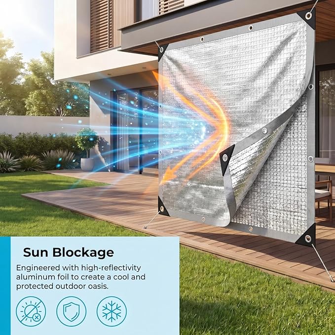 Mindsoft 1 Set Aluminum Shade Cloth 10 x 10 ft Reflective 99% Aluminum Cloth Silver Heat Reflective Tarp for Car Garden Outdoor Pergola Lawn Durable Sunblock Neting Shade Cover with Edge and Hole