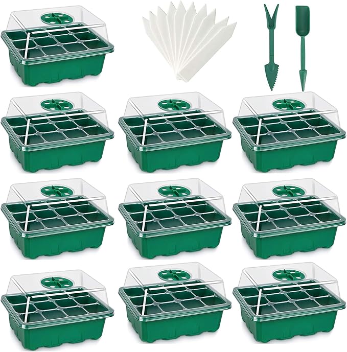 UWIOFF Seed Starter Tray, 12-Pack 144 Cells Seedling Starter Trays, Humidity Adjustable Seed Tray Kit with Dome and Base Greenhouse Grow Trays Mini Propagator for Seeds Growing Starting