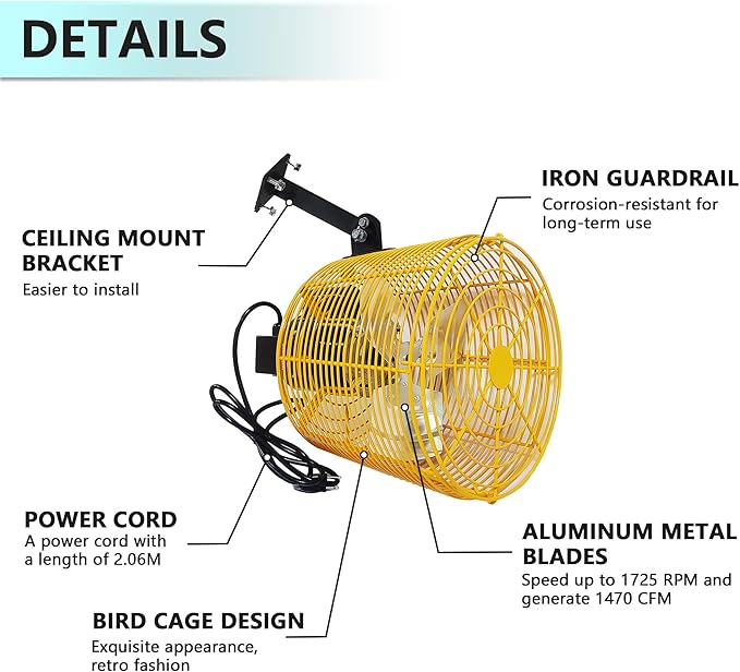 Greenhouse Circulation Fan Air Circulation Fan 1/10 HP 115V Ceiling Wall Mount Fan High Speed Circulation Fan for Greenhouse, Warehouse, Patio, Garage 1470CFM, ETL Listed