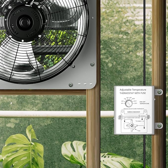 iPower 12 Inch Wall Mounted Shutter Exhaust Fan with Temperature Controller and Power Cord Kit, Aluminum, 1600 RPM, 940 CFM, for Attic, Garage, Louvered Vent, Plant, Greenhouse, Silver