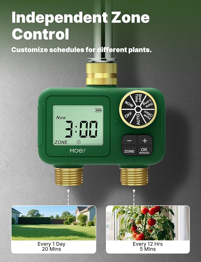 MOES 2 Zone Water Timer for Garden Hose, Heavy Duty Solid Brass Inlet & Outlets, Programmable Sprinkler Timer Battery Operated, Automatic Dual Faucet Valve with Sequential Watering (Non-WiFi)