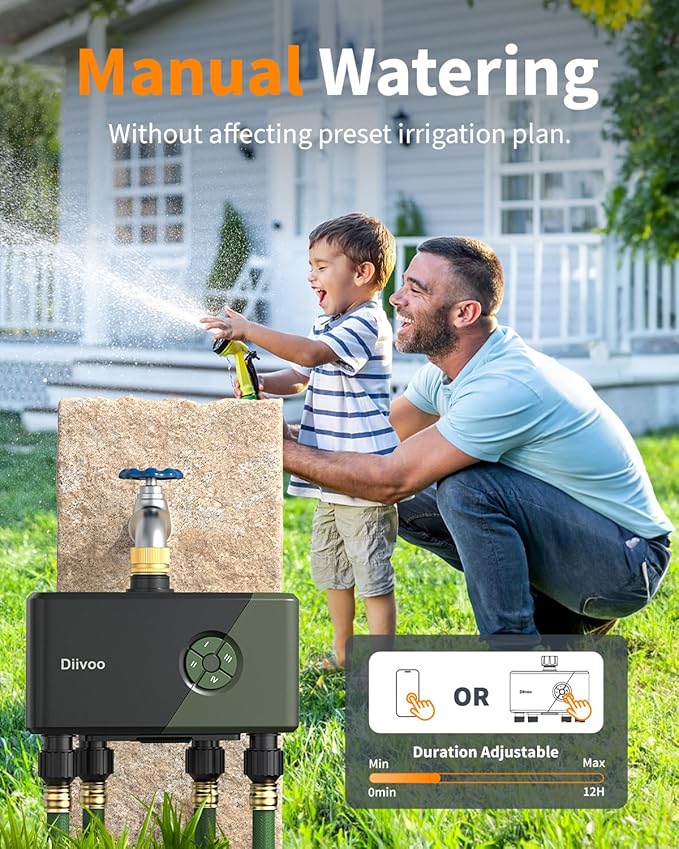 Diivoo WiFi Water Timer for Garden Hose, 4 Zone Smart Sprinkler Timer with Brass Inlet, Ethernet & 2.4GHz WiFi Connection, Compatible with Alexa/Google, 24 Irrigation Plans & Rain Delay Mode for Lawns