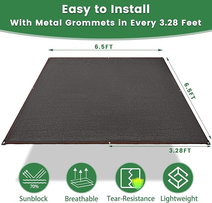 70% Shade Cloth, 6.5FTx6.5FT HDPE Mesh Tarp with Reinforced Grommets, Outdoor Sun Shade Net for Greenhouse, Plants, Garden, Pergola, Patio, Chicken Coop(6.5FT*6.5FT)