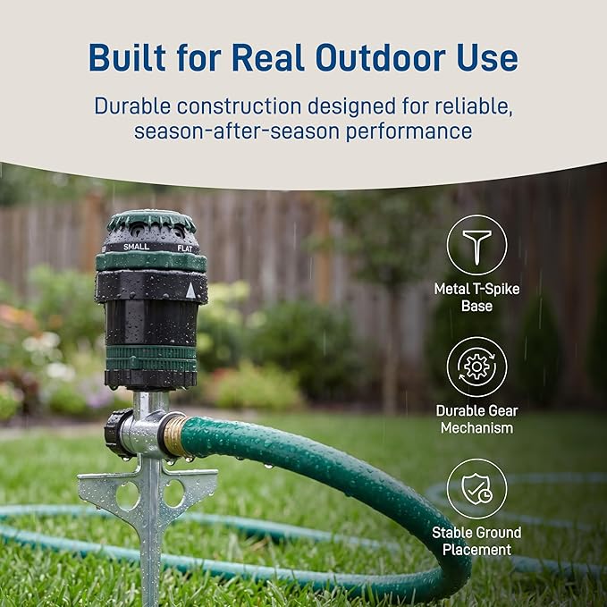 Orbit H2O-Six Gear-Drive Sprinkler on Metal T-Spike - Customizable Lawn Watering Coverage - Multi-Pattern Rotating Head with Adjustable Spray Range - Durable Outdoor Yard Irrigation Sprinkler - 58573
