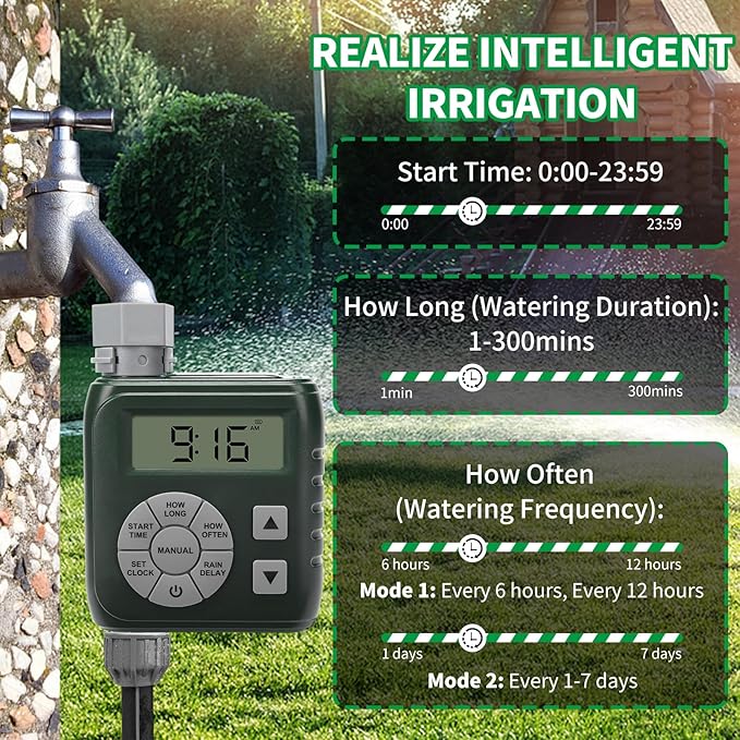 Hose Timer, Zuomeng Water Timer for Garden Hose with Dual Power System, Leak-Proof Design, Smart Irrigation Controller with Rain Delay, Auto & Manual Watering Modes for Lawn & Garden, Green
