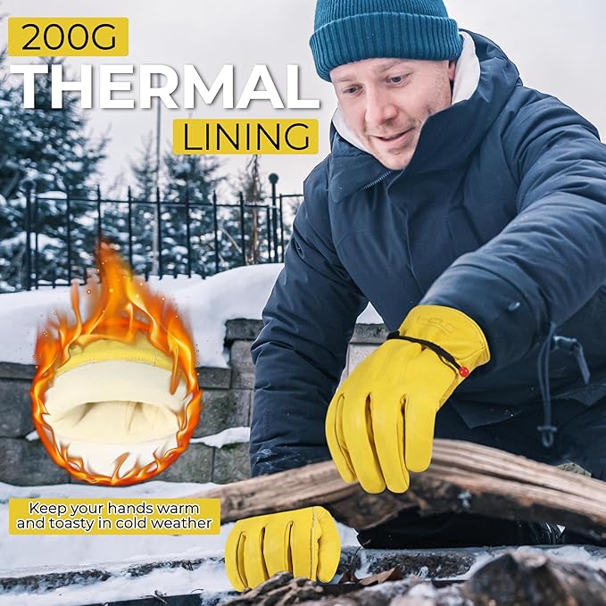 HANDLANDY Winter Work Gloves for Men Women, Water Repellent Cold Weather Insulated Genuine Leather Work Gloves