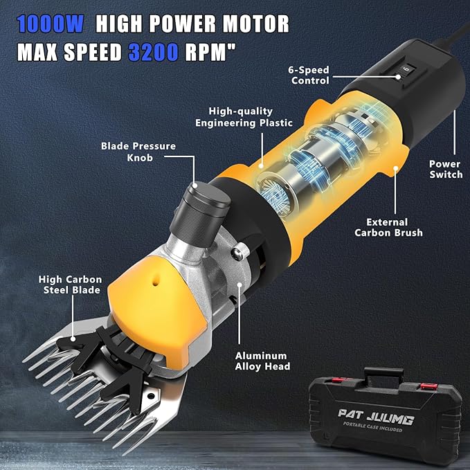 PAT JUUMG 1000W Sheep Shears Electric Farm Livestock Haircut with Blades Professional Animal Clippers 6 Speed Heavy Duty Electric for Thick Horses Sheep Alpacas Goats(Yellow)