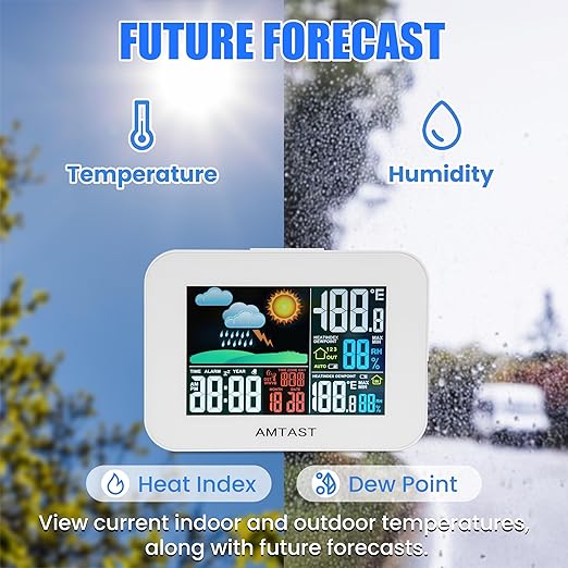 Wireless Weather Station Color Display Digital Weather Station with High Precision Sensor Indoor Outdoor Thermometer with Atomic Clock, Temperature, Humidity, Weather Forecast (Model AW-005)