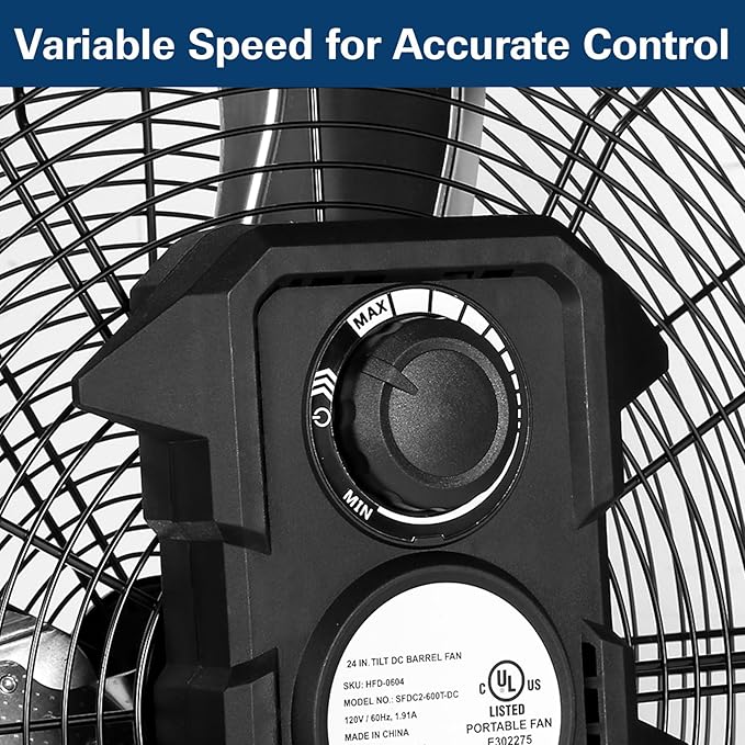 BILT HARD 24" Industrial Drum Fan With DC Motor, Ultra Quiet, 7800 CFM, Heavy Duty Tilt Metal Drum Fan for Garage, Warehouse, Workshops, Factory and Basement, UL Safety Listed
