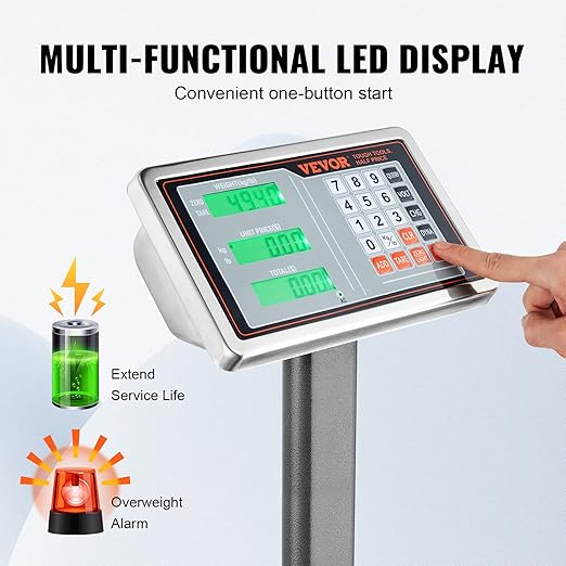 VEVOR Computing Digital Platform Scale, 660 lbs Load, 0.1 lbs Accuracy Computing Floor Scale with LB/KG, Tare, Price Calculator, Stainless Steel High-Definition Display for Boxes, Luggages, FCC Listed