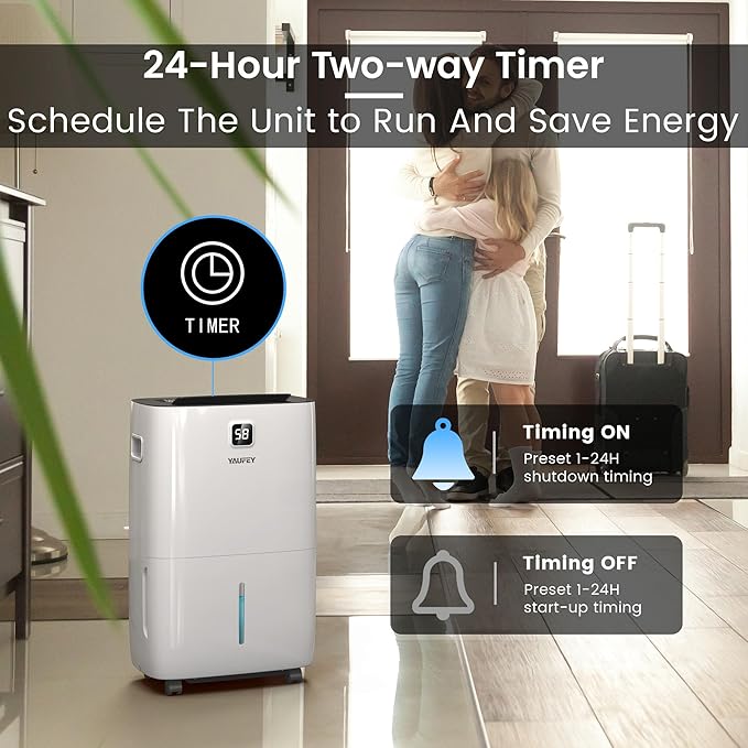 Yaufey 150 Pints Dehumidifier with Pump for Home, Basement and Large Room up to 7000 Sq. Ft., With Drain Hose, Timer, Intelligent Humidity Control and Large Water Tank