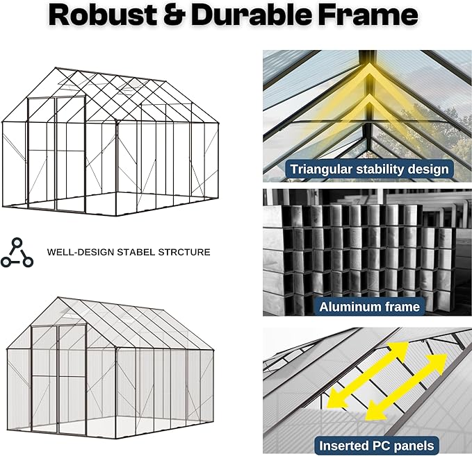 Kingdura 10x10ft Walk-in Greenhouse for Outdoors, Large Polycarbonate Greenhouses with Heavy Duty Aluminum Frame, Adjustable Roof Vent, Lockable Door, UV Protection for Outside Garden Backyard