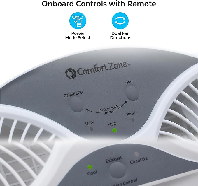Comfort Zone Window Fan for Bedroom, 9 inch 3 Speed Dual Fans with Auto-Locking Expanders, 3 Modes (Cool, Circulate, Exhaust), Remote Control, Fabric Cover plus Bug Screen, White