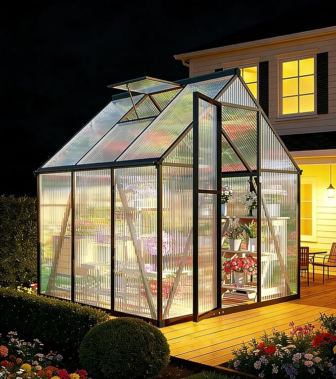 6x6FT Greenhouse for Outdoors, Polycarbonate Greenhouse with Quick Setup Structure and Roof Vent, Aluminum Walk-in Green Houses for Outside Garden Backyard, Charcoal Black