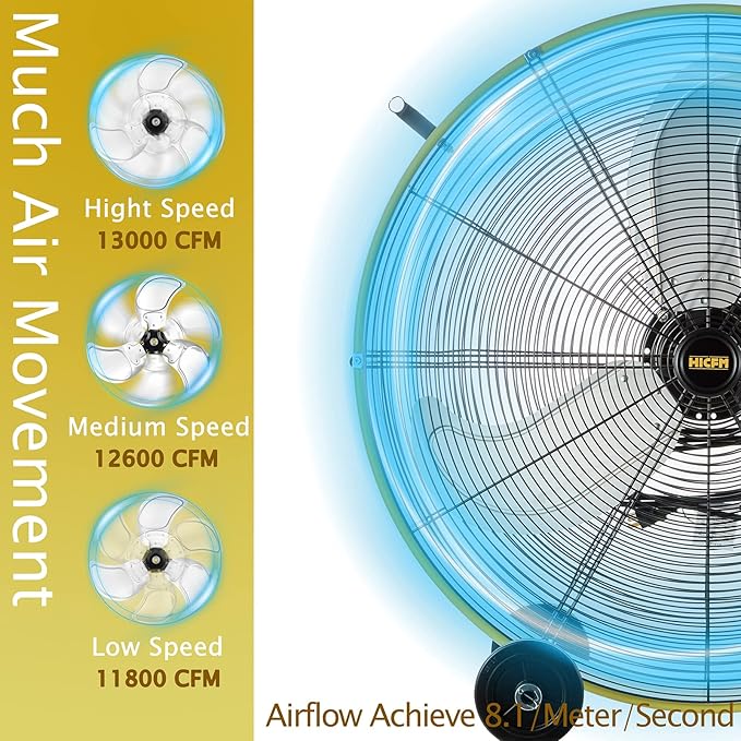 HiCFM 13000 CFM 30 inch Heavy Duty High Velocity Barrel Floor Drum Fan With Powerful 1/3HP Motor, 9ft Cord, 5in Solid Wheels for Workshop, Garage, Commercial or Industrial rooms - UL Safety Listed