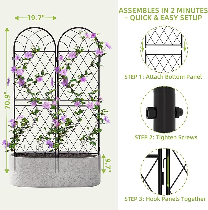2 Pack 70.8" X 19.7" Metal Garden Trellis for Climbing Plants Outdoor - Rustproof Heavy Duty Arched Trellis - Decorative Rose Plant Support Trellis for Roses,Vines,Vegetables,Flowers,Black