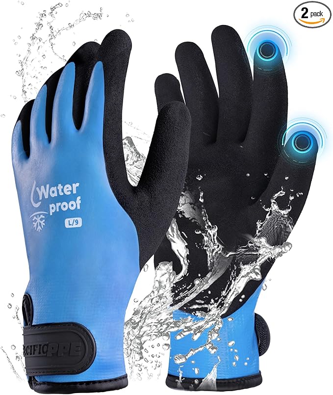PACIFIC PPE Winter Work Gloves for Men and Women, 100% Waterproof Thermal Insulated Freezer Gloves for Cold Weather, Super Grip, Blue, Medium