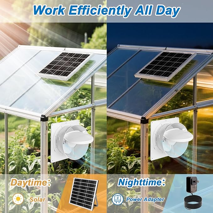 Solar Exhaust Fan with Power Adapter, 6 Inch Solar Powered Exhaust Ventilation Fan, Quiet Brushless Solar Vent Fan with 25W Solar Panel, Anti‑Backflow Valve for Chicken Coop, Shed, Greenhouse