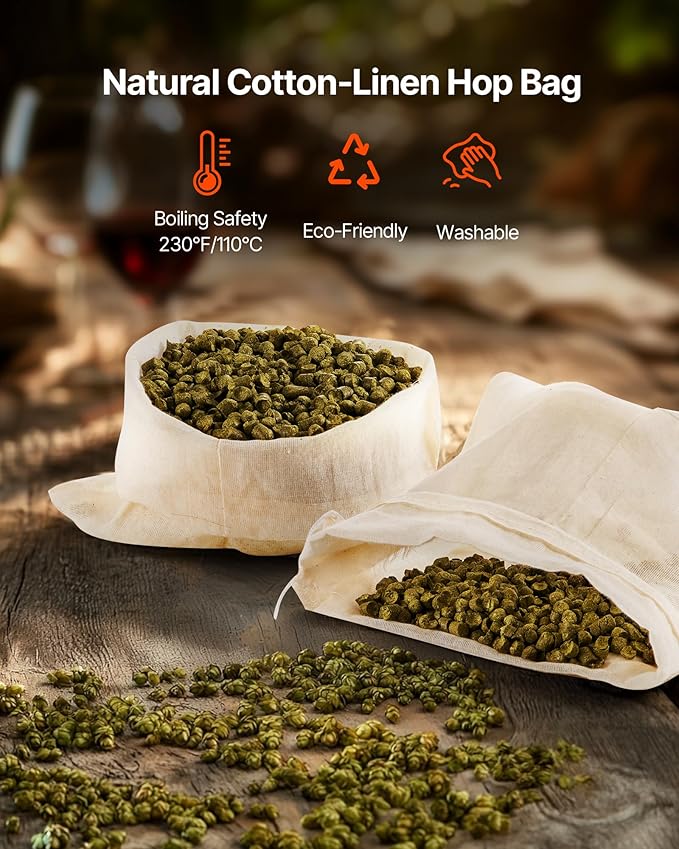 VEVOR Brew Bags, 2 PCS Food Grade Nylon Material Grain Bag, 10 PCS Natural Cotton-Linen Hop Bag, Easy to Clean, Reusable & Ultra-Fine Mesh Home Brewing Bags, Only for Our Automatic Beer Brewer
