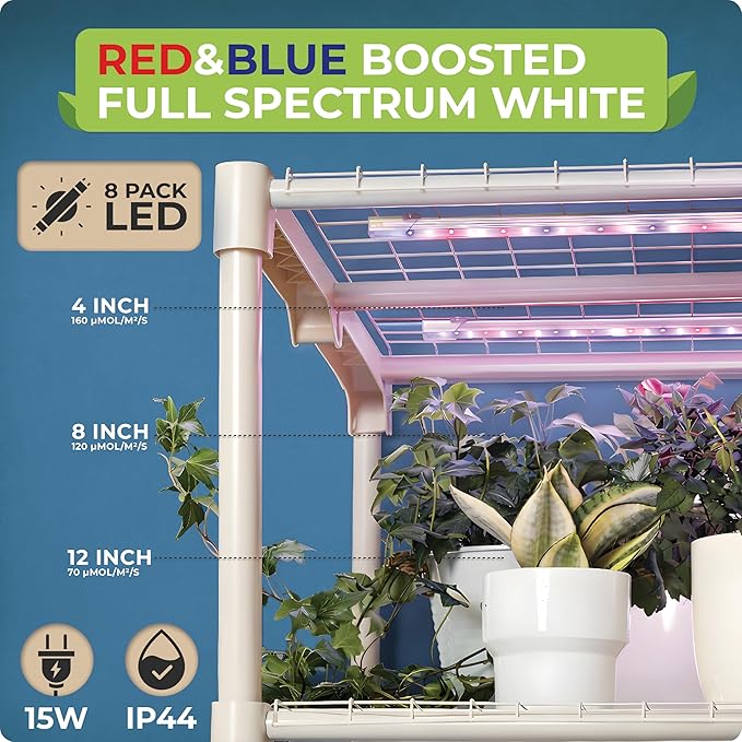 Carpathen Indoor Greenhouse with Grow Lights - 4 Tiers 27.2"L x 19.3"W x 54"H with 8 Dimmable 15W Full Spectrum LED Light Strips and Spectrum Control - Mini Greenhouse with Waterproof Zipped PVC Cover