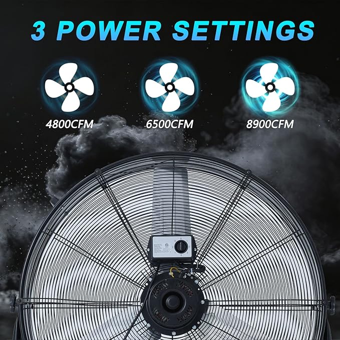 WARMLREC 24" Industrial Floor Fan, 8900 CFM High Velocity Drum Fan with 3 Speeds, Portable Heavy Duty Industrial Fan for Warehouse, Workshop, Factory, Commercial, Residential and Greenhouse Black