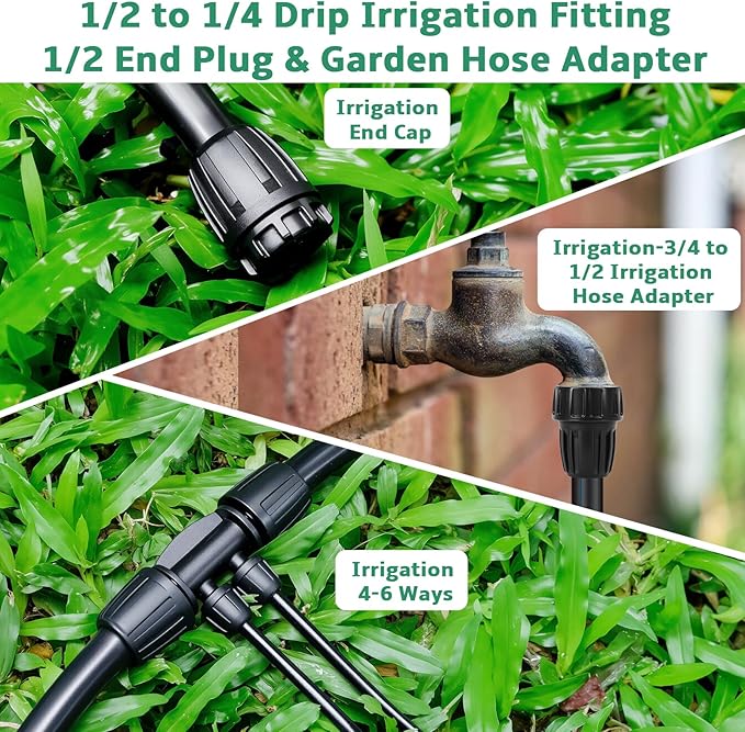 23PCs 1/2 Drip Irrigation Fittings for 1/2 & 1/4 Inch Tubing- Drip Irrigation Parts with 1/4 Reducer Connectors, 3/4 Garden Hose Adapters, Straight Tees, Couplings, Elbows,Valves, End Caps