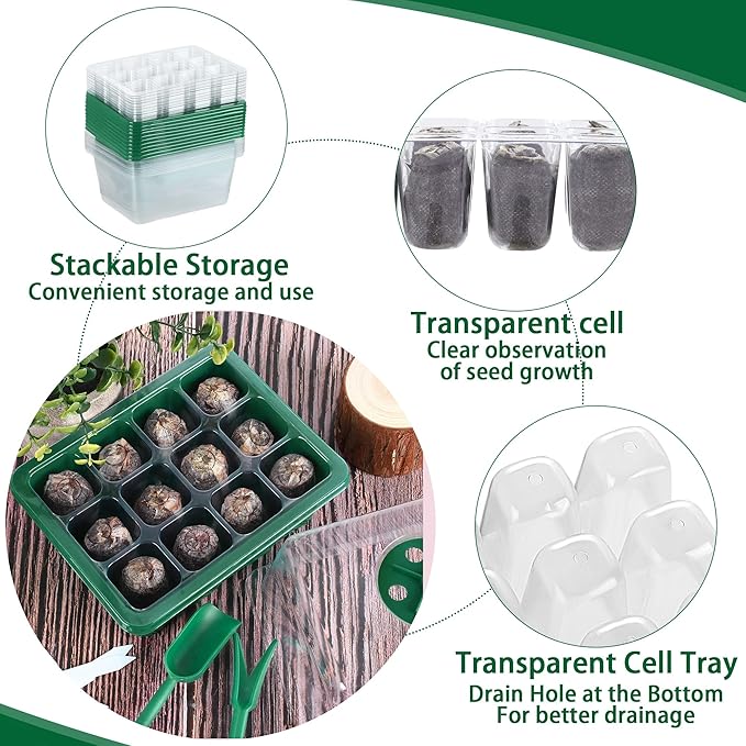 Hahood 10 Sets Seed Starter Tray Kit Seed Starter Trays with Humidity Dome and Base Include 120 Peat Pellets 200 Plant Labels Garden Tools Plant Germination Tray Set for Indoor Outdoor Planting, Green