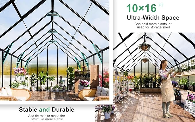 CDCASA 16.5x10.2 FT Greenhouse for Outdoors,Easy Assembly Large Polycarbonate Greenhouse Aluminum Greenhouses w/3 Vents Window, Swing Door, Garden Walk-in Green House