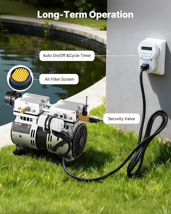 VEVOR Pond Aerators, 5.2CFM Aeration System for Lake up to 3 Acres, 3/4 HP Air Compressor, 2 Diffusesr & Two100' Weighted Tubings, Aeration Pump for Outdoor Ponds & Lakes Deep Water Oxygen Circulation