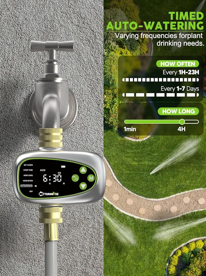 Sprinkler Controller with Soil Moisture Sensor: 1 Zone Water Timer for Garden Hose, Rain Delay & Brass Inlet Programmable Hose Timer, Automatic Drip Irrigation System for Yard Lawn Greenhouse