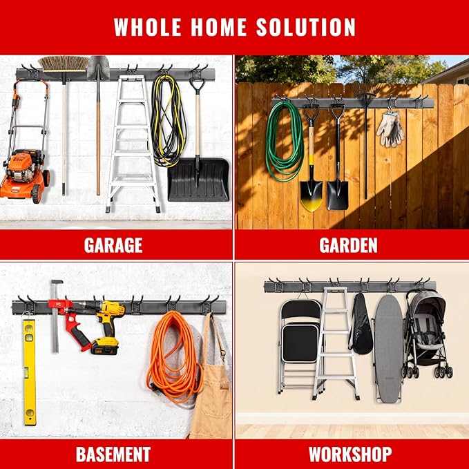 Garage Tool Organizer Wall Mount, Easy to 64inch Install Heavy-Duty Garage Storage System with Adjustable 9 Hooks, Garden Tool Rack for Shovels, Rakes, Yard Tools