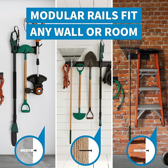 Precision Defined Garage Tool Organizer Wall Mount 48 inches, 330 lbs Capacity, Garden Tool Organizer, Garage Storage Rack, Shed Organizer, Garage Organizer with Adjustable Hooks, Shovel, Rake Holder