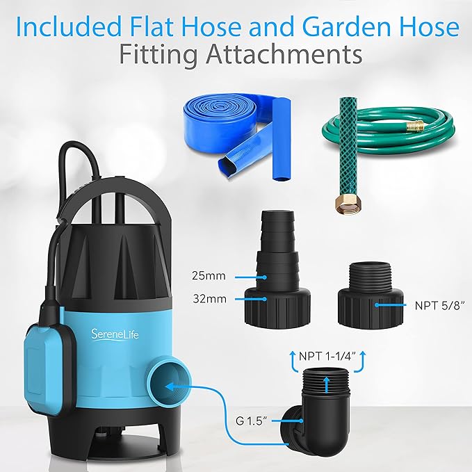 SereneLife 400W Submersible Pump Clean Dirty Water Powerful Utility Sump Pump Auto Float Switch,16 ft. Cord, Basement, Yard, Swimming Pool, Pond, Flooded Area, Garden or Flat Hose
