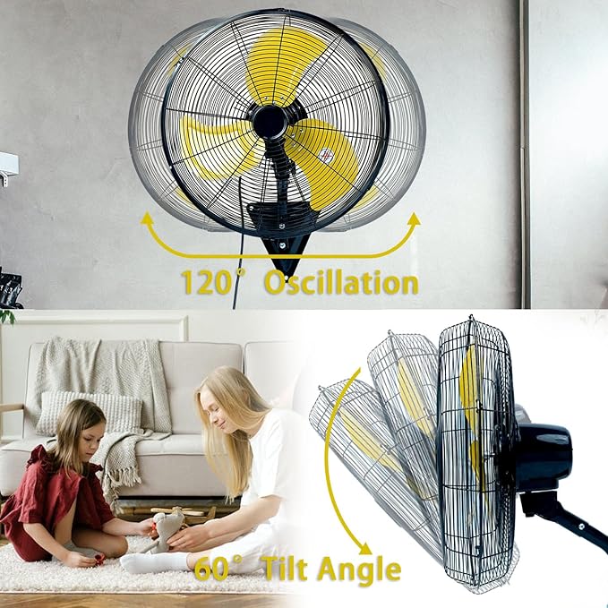 20" Wall Mount Fan, 7100CFM Heavy Duty Wall Fan with 3-Speed & Adjustable Tilt, High Velocity Industrial Oscillating Fans for Garage, Factory, Patio, Indoor, Porch, Shop & Commercial Use - ETL Listed