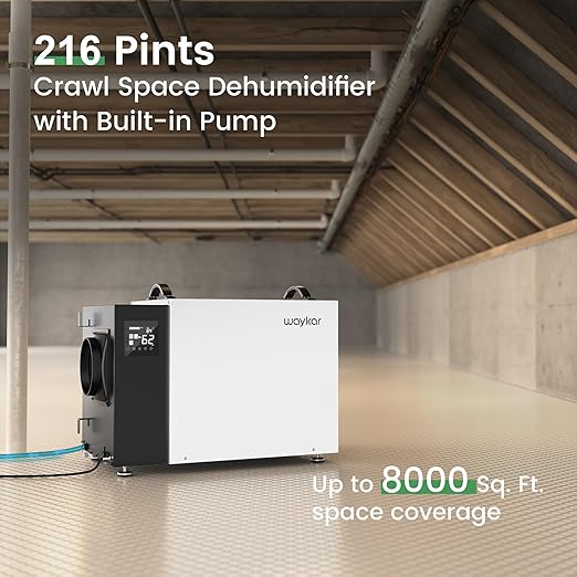 Waykar 216 Pint Commercial Dehumidifier with Pump and Drain Hose for Crawl Spaces, Basements, Ducted Industrial Use, and Water Damage Unit, for Spaces up to 8000 Square Feet, Smart Humidity Control