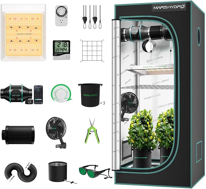 MARS HYDRO 2x2 Grow Tent Kit Complete System with 10 Speed Fan,100W Upgraded TS600 LED Dimmable Grow Light,24"x24"x55" 1680D High Reflective Mylar Grow Tent,4 inch Smart WiFi Control Ventilation Kit